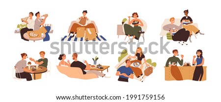 Set of people eating food at home, cafe and outdoors. Men and women relaxing and enjoying delivered meals, fastfood, pizza, cake. Colored flat graphic vector illustration isolated on white background