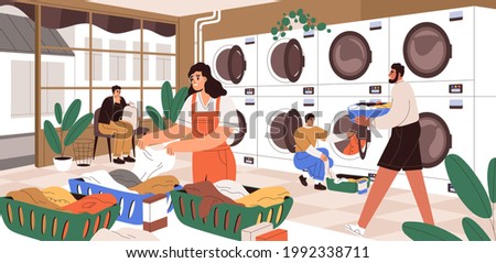 People at public launderette. Self-service laundromat with washing and drying machines. Modern industrial laundry shop with automatic washingmachines. Colored flat vector illustration of laundrette