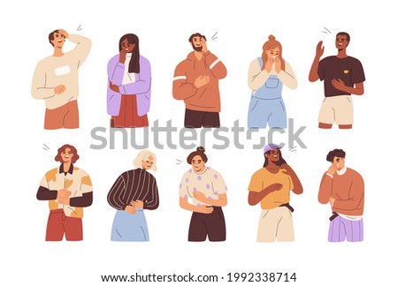 Set of diverse people laughing out loud. Funny laughter of happy cheerful men and women. Portraits of joyful characters with positive emotion. Flat vector illustration isolated on white background