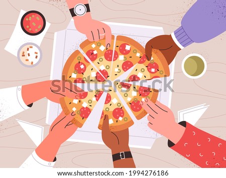 Diverse male and female hands taking triangle pizza slices from box on table. Top view of Italian fast food at corporate party. Hungry friends eating fastfood together. Flat vector illustration