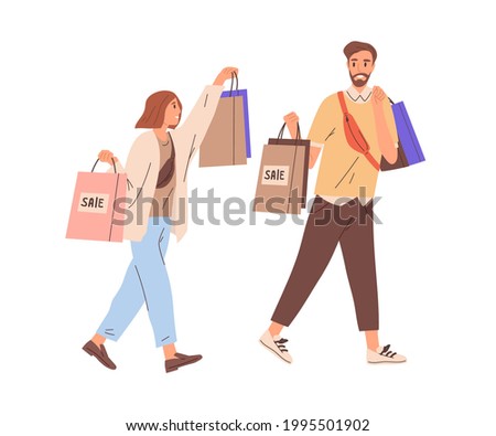 Couple of happy modern man and woman walking together with shopping bags. Young smiling people carrying purchases from sale. Colored flat graphic vector illustration isolated on white background Сток-фото © 