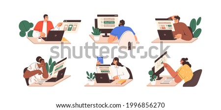 Set of people passing online test at computer. Students with laptops at internet exam. Men and women ticking answers on screen. Colored flat graphic vector illustration isolated on white background