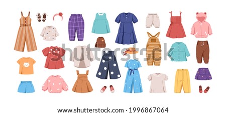 Set of kid's casual clothes. Child's garments for summer. Apparel, shoes and accessories for boys and girls. Colored flat vector illustration of dress, pants, jumpsuit isolated on white background