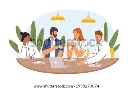 Colleagues sitting at dining table at coffee break, chatting and discussing business together. Team of people eating cake in office. Colored flat vector illustration isolated on white background