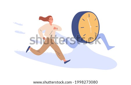 Concept of deadline and time pressure. Busy person and clocks running. Office worker trying to keep up with schedule and plan, doing it under the wire. Flat vector illustration isolated on white Foto stock © 