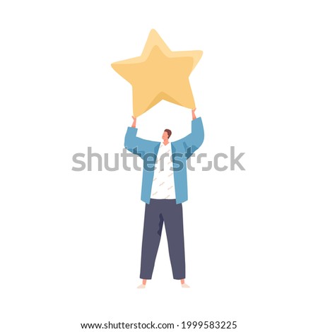 Satisfied client holding star, giving feedback and service review. Concept of positive customer experience, rating and ranking. Colored flat vector illustration isolated on white background