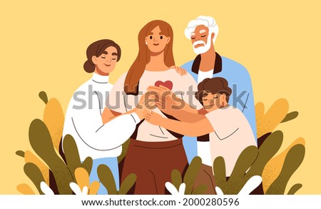 Concept of family support and care. Love and trust between woman and her parents. Happy mother, father, daughter and son hugging and holding hands together. Colored flat vector illustration