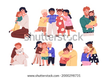 Set of warm hugs between kids, parents and little friends. Happy child embracing mother, father and other diverse children with love. Colored flat vector illustration isolated on white background