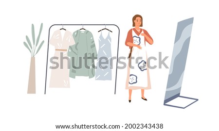 Young woman looking at her mirror reflection, choosing dress to wear. Female character and hanger rack with wardrobe of fashion stylish summer clothes. Flat vector illustration isolated on white