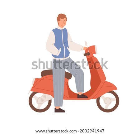 Young man standing by motor scooter. Guy posing near modern moped. Portrait of motorbike driver. Happy bike rider. Flat vector illustration of human and city transport isolated on white background