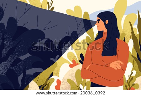 Unhappy depressed woman pessimist with unhealthy gloomy mindset. Person seeing only bad, focusing on problems and thinking in negative way. Psychological concept of pessimism. Flat vector illustration