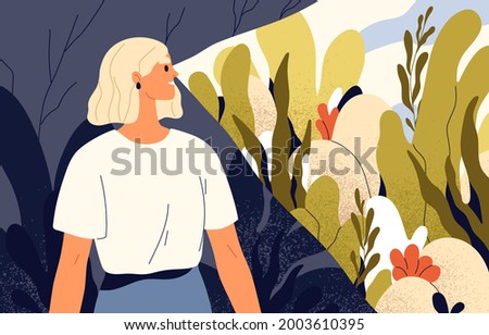 Happy optimist focusing on good, seeing life from positive outlook in favorable light. Psychological concept of optimism and optimistic mindset. Woman ignoring bad. Colored flat vector illustration