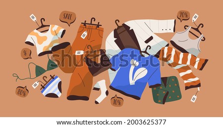 Selling women fashion garments at off-price. Concept of big sale and discount for summer clothes. Good seasonal offer for stock apparel items with promo tags. Colored flat vector illustration.