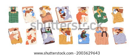 Set of different people lying under blankets, sleeping and dreaming in beds. Asleep couples, families, alone man and woman, child with toy. Bedtime concept. Flat vector illustration isolated on white.