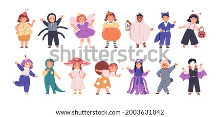 Set of kids disguised in funny and scary costumes for Halloween party. Happy children dressed in carnival clothes. Cute girls and boys in festival outfit. Flat vector illustration isolated on white.