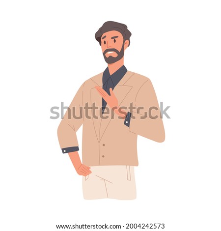 Man with annoyed and indignant face expression due to misunderstanding. Arrogant irritated businessman expressing negative emotion of neglect and mistrust. Flat vector illustration isolated on white