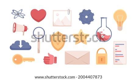 Set of science and laboratory cartoon icons for web interface. Symbols of lightbulb, gear, lab flask, lock, key, envelope, star, thumb up. Colored flat vector illustration isolated on white background