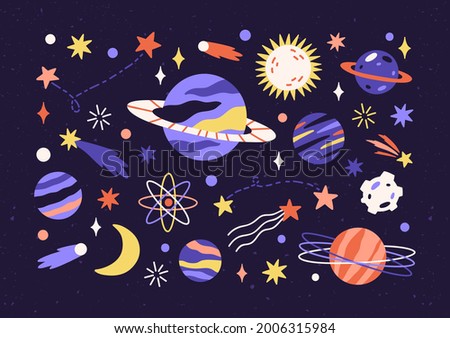 Set of planets, stars, asteroids, and comets in outer space. Bundle of different abstract cosmic objects in cosmos. Childish universe in doodle style. Isolated flat vector illustration