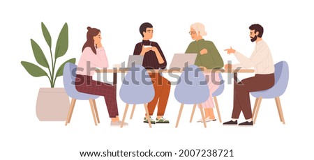 Team of people sitting at desk with laptops, working together, discussing start-up. Meeting of colleagues. Coworking, teamwork concept. Colored flat vector illustration isolated on white background.