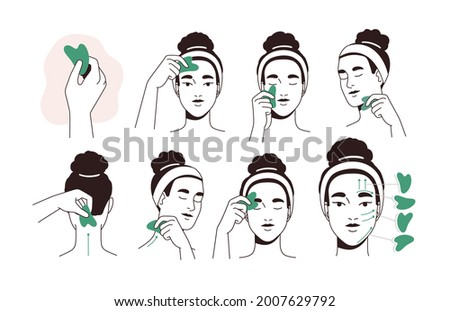 Guide for face lifting massage with facial tool. Instruction of beauty procedure with jade stone gua sha. Woman massaging and scraping her skin. Flat vector illustration isolated on white background