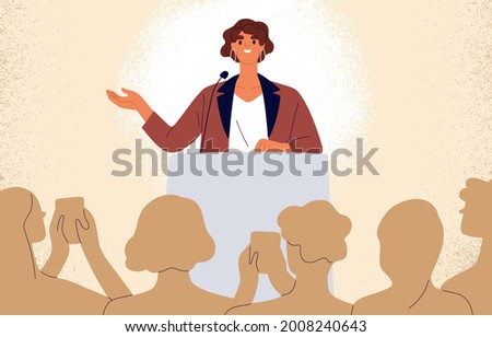 Confident speaker behind podium during stage speech. Smiling woman talking before audience. Female leader at public speaking. Good presentation of businesswoman. Flat vector illustration
