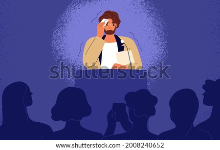 Shy man sweating, feeling fear and anxiety during public speaking. Nervous stressed speaker behind tribune. Fright of audience and stage speech concept. Flat vector illustration of frightened person