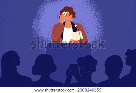 Woman feeling fear and anxiety before stage speech. Nervous shy speaker with fright of audience. Lecturer sweating at public speaking. Glossophobia concept. Flat vector illustration of anxious person