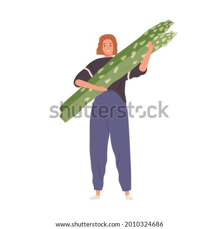 Tiny person holding big green asparagus stalks. Woman with healthy organic fresh vegetable in hands. Farmer carrying local farm food. Colored flat vector illustration isolated on white background