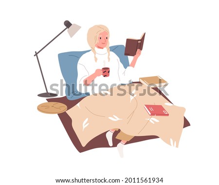 Young woman relaxing with book and cup of tea in bed. Person reading literature at home. Novel reader resting under blanket on weekend. Colored flat vector illustration isolated on white background Foto stock © 