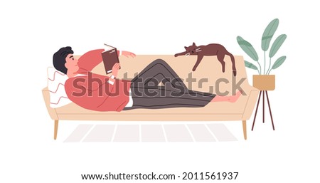 Young man resting on sofa and reading book. Relaxed person with novel in hands, lying on couch at cozy home. Bookworm spend time with literature. Flat vector illustration isolated on white background