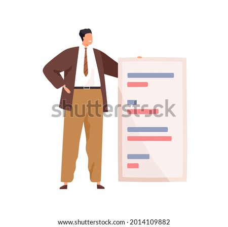 Happy businessman standing with abstract document. Office worker presenting report and strategy. Tiny man holding business paper with plan list. Flat vector illustration isolated on white background