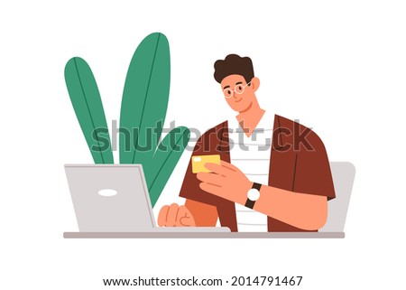 Person making online electronic payment with laptop and bank card. Man buying smth. through internet and paying for it using computer. Colored flat vector illustration isolated on white background