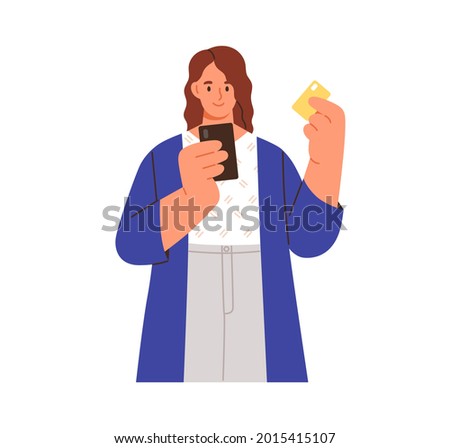Person paying for smth. using bank card and mobile phone. Online cashless payment concept. Woman shopping through internet with smartphone. Flat vector illustration isolated on white background