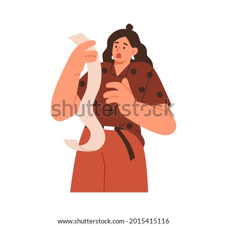 Shocked person holding long paper receipt with fee to pay. Woman with expired bill in hands. Big expenses and financial problem concept. Flat vector illustration isolated on white background