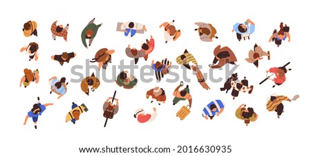 Top view of people going with phones, walking with dogs, standing, sitting and meeting. Overhead set of man and woman. Person in motion above. Flat vector illustration isolated on white background