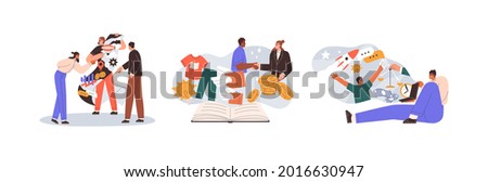 Concept of storytelling in business and marketing. Entrepreneurs telling and presenting stories of success. Creating successful startup projects. Flat vector illustration isolated on white background Stock foto © 
