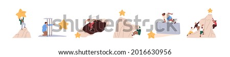 Set of people overcoming obstacles and hurdles on way to success. Challenges and goal achievement concept. Process of achieving targets. Flat graphic vector illustration isolated on white background Сток-фото © 
