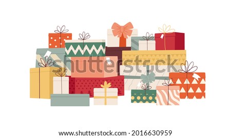 Big pile of gift boxes in festive wrapping paper with ribbon and bows. Stack of different presents for Christmas holiday. Many various giftboxes with tags. Flat vector illustration isolated on white