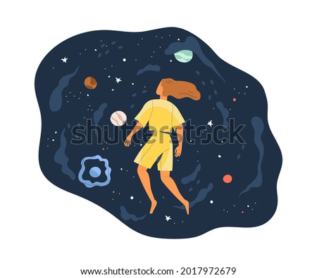 Concept of facing with new and unknown. Flying person exploring space and discovering mysteries. Human fantasy and dream. Flat vector illustration of female dreamer isolated on white background