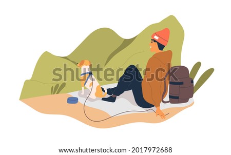 Hiker resting with dog and enjoying nature view. Pet owner and his puppy relaxing after hiking. Man tourist with backpack and doggy outdoors. Flat vector illustration isolated on white background