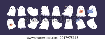 Set of cute funny happy ghosts. Childish spooky boo characters for kids. Magic scary spirits with different emotions and face expressions. Isolated flat cartoon vector illustrations of comic phantoms
