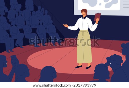 Confident speaker with microphone standing on stage before audience during presentation. Public speaking of young woman at conference. Speech of good successful lecturer. Flat vector illustration
