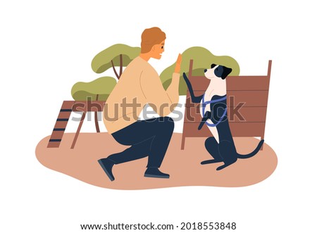 Trainer teaching dog at agility courses. High five trick of obedient doggy with raised paw. Pet owner training his canine animal outdoors. Colored flat vector illustration isolated on white background