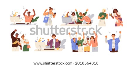 Set of happy lucky people celebrating success and victory. Concept of win, achievement and luck. Winners rejoicing their triumph. Colored flat graphic vector illustrations isolated on white background