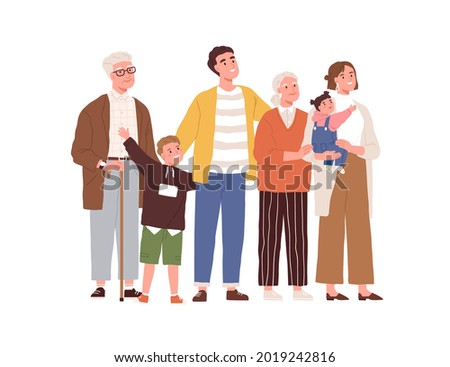 Big family looking up. Happy mother, father, children and grandparents standing together and watching for something. Excited kids with parents. Flat vector illustration isolated on white background
