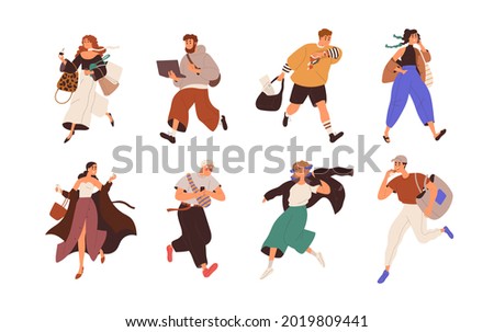 Busy people are late, running fast, hurrying and doing business on the fly. Set of man and woman rushing, working and talking on phone on the go. Flat vector illustration isolated on white background 商業照片 © 