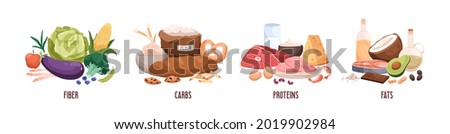 Set of healthy macronutrients. Fiber or cellulose, proteins, fats and carbs or carbohydrates presented by food products. Flat vector illustration of nutrition categories isolated on white background Imagine de stoc © 