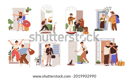 Set of happy people leaving or returning home. Man, woman and kid going out of open door with bags for holiday, studying, to work or school. Flat vector illustration isolated on white background