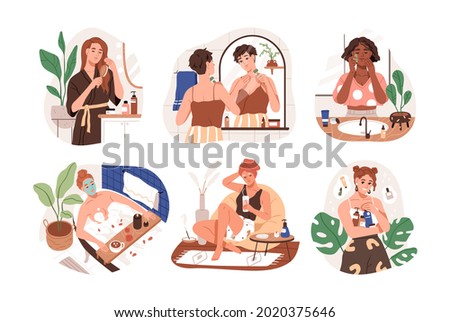Set of woman during everyday hygiene routine in bathroom. Females applying natural cosmetic products during daily skin, face, hair and body care. Flat graphic vector illustrations isolated on white