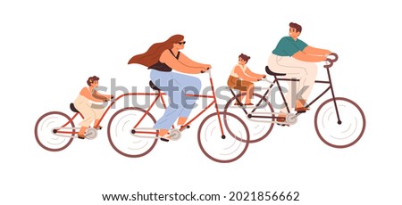 Happy family riding Adult and Child bikes. Parent with children driving bicycles together. Mother, father and kids cycling. Colored flat vector illustration of cyclists isolated on white background